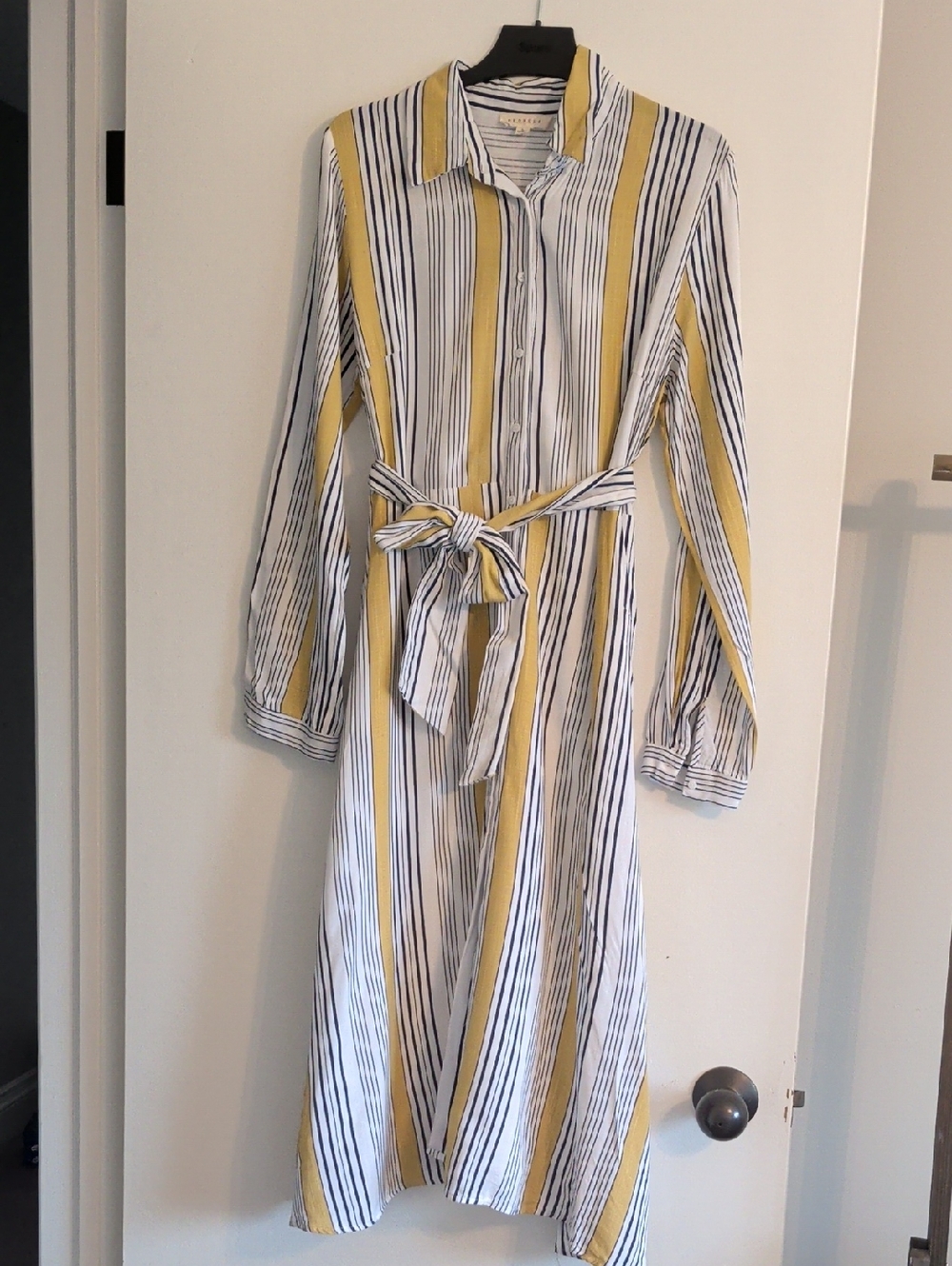 Promesa White, Yellow & Navy Striped Long-Sleeve Shirt Dress with Tie Waist